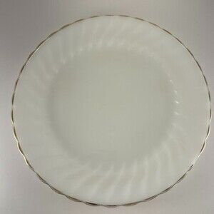 Vintage Anchor Hocking Suburbia 10" Milk Glass Dinner Plate Gold Trim USA